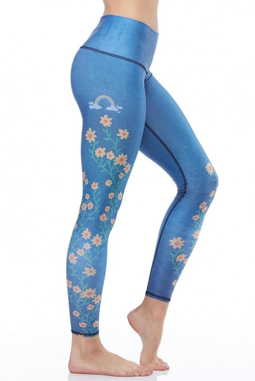 Teeki Woodstock Leggings L Blue Floral Rainbow Yoga Pilates Boho Hippie